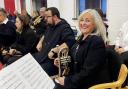 Littleport Band: Right to left, front row: Briefing before the contest. Tracey Nunnery, Shane Brown, Vicky Lenton