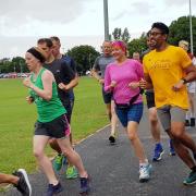 St George's Parish Church's new vicar Reverend Natalie Andrews in the pink at Littleport parkrun.
