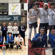 The England team celebrates with silver medals from the European U17 Rink Hockey Championships.