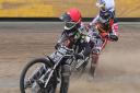 Sam Hagon (red) was taken to hospital after a horror crash during Mildenhall Fen Tigers' meeting with Leicester Lion Cubs.