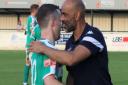 Match winner Sam Mulready (left) is hugged by Matt Clements after Soham's FA Trophy win over Shepshed Dynamo.