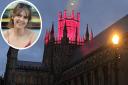 Ely Cathedral lit up pink to raise awareness of Organ Donation Week. Inset: Catherine Meredith\'s daughter Sarah, who has been on the liver transplant list for 15 months.