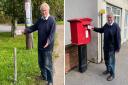 Cllr Bill Hunt at the site of the missing post box (L) and the site of the post box in Wilburton, which Royal Mail advise residents to now use.