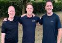 Tim Megginson (centre) of Body Shape Fitness will aim to set a new world record in taking part in the highest altitude fitness class on Earth. Tim is pictured with long-serving clients Wes Hooper and Ryan Creak.
