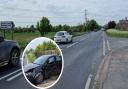 Daren Lumley was turning onto Barcham Road off the A142 near Soham when he was hit by a Renault Clio (inset), which ended up in a nearby resident's fence.