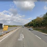 The A14 is partially closed after a crash between a car and a lorry