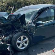 A suspected drug driver was arrested after a three-vehicle crash on the A47 at Wisbech. Pictured is the damage caused to one of the vehicles involved.