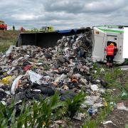 Crash aftermath after lorry crashed and shed its load on the A141 between Chatteris and March