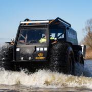 This is the moment entrepreneur Ross Taylor took his £100,000 Russian-made ‘Beast from the East’ for spin at the flooded Welney Wash.