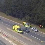 A lane closure is currently in place on the A14 after a crash involving an ambulance and a lorry
