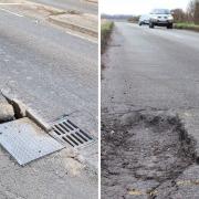 Pavement damage in Burwell (left) and potholes on Byall Fen Drove, Manea taken in February, which Cambridgeshire County Council is unsure if these can be permanently repaired.