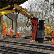 Railway works taking place at Bletchley as part of the East West Rail.