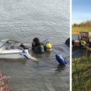 The rescue at Twenty Pence Marina, Wilburton (right) and sunken boat retrieved at Little Thetford