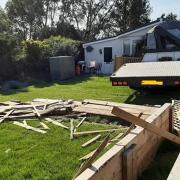 Liam Clifton drove this lorry towards relatives who were sitting in the family garden at Third Drove in Little Downham. His family dived to the side before he came to a halt on the decking.