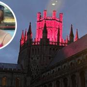 Ely Cathedral lit up pink to raise awareness of Organ Donation Week. Inset: Catherine Meredith\'s daughter Sarah, who has been on the liver transplant list for 15 months.