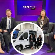 Cambridgeshire Police's new digital forensic vans were featured on BBC's Crimewatch Live on March 14. Pictured is Denise Harper, Sean Denby and the digi vans with Crimewatch presenters Rav Wilding and Michelle Ackerley.