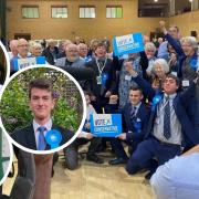 Conservatives celebrating after winning the majority vote at the 2023 East Cambridgeshire District Council elections .