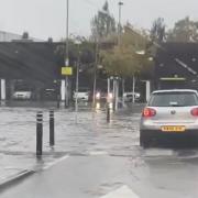 Sainsbury's car park in Ely is flooded this morning after heavy rain from Storm Babet.