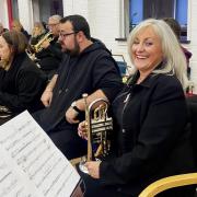 Littleport Band: Right to left, front row: Briefing before the contest. Tracey Nunnery, Shane Brown, Vicky Lenton